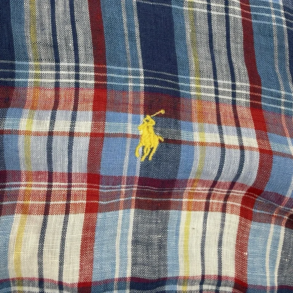 Polo Ralph Lauren Shirt Mens XL Blue Plaid Linen Preppy Button Down Long‎ Sleeve